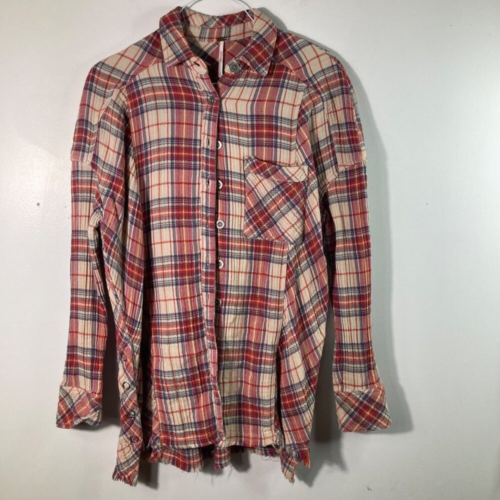 Womens Free People Juniper Ridge Plaid Cotton Gauzy Button Shirt Long Sleeve Red
